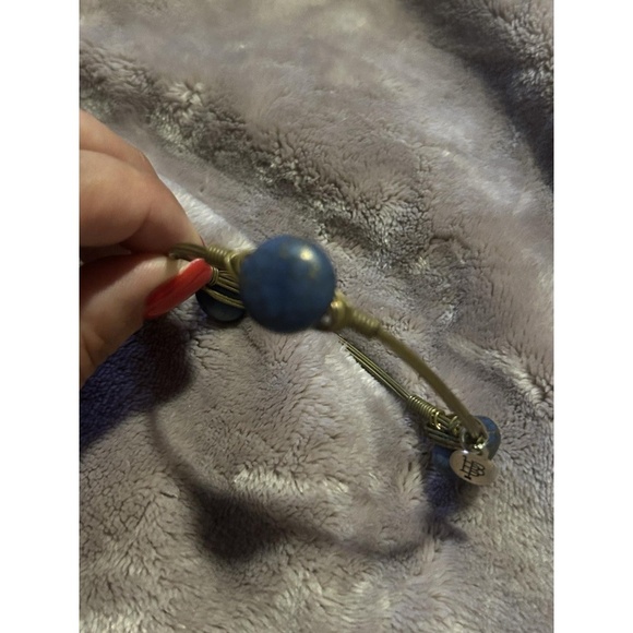 Bourbon and Bowties Bracelet Women Wire Bangle Blue Stone Gold Tone 2.5" - Picture 1 of 2